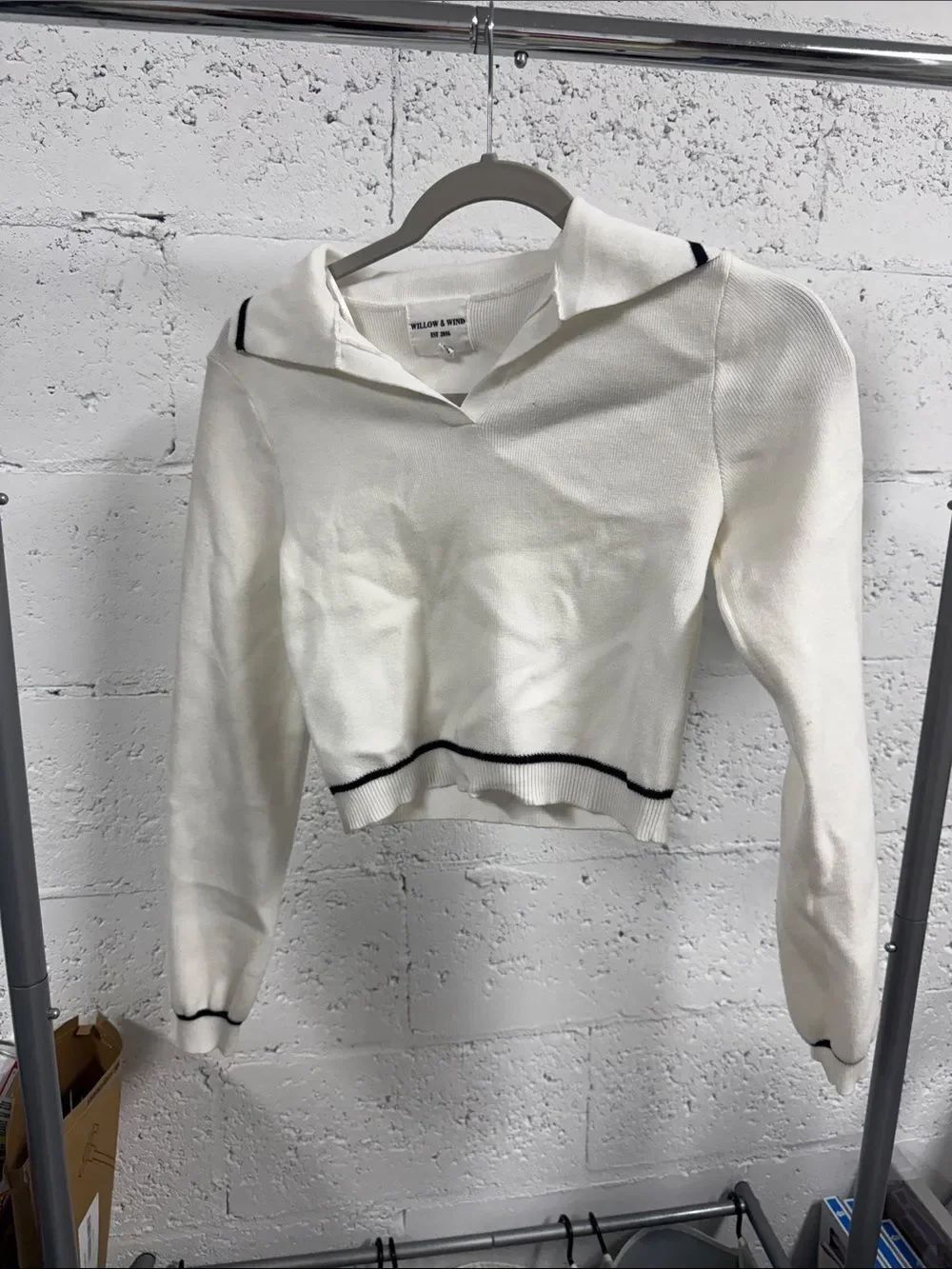 Cream Cropped Knit Collared Sweater Trim WILLOW & WIND - Small Long Sleeve
